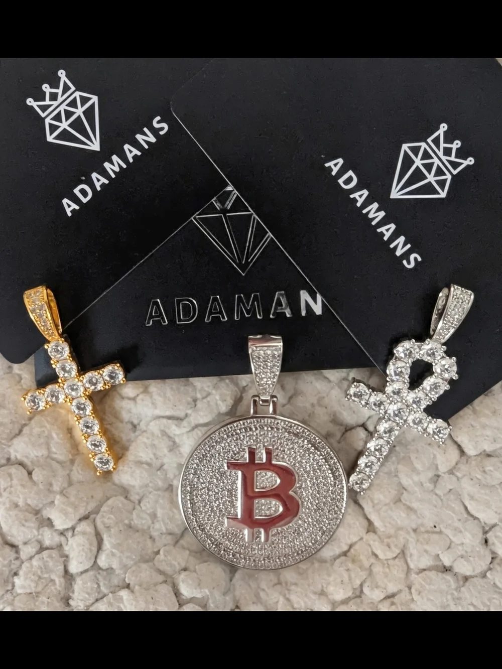 Adamans Cryptocurrency & Cross Pendant Trio - Gold & Silver Tones Moissante